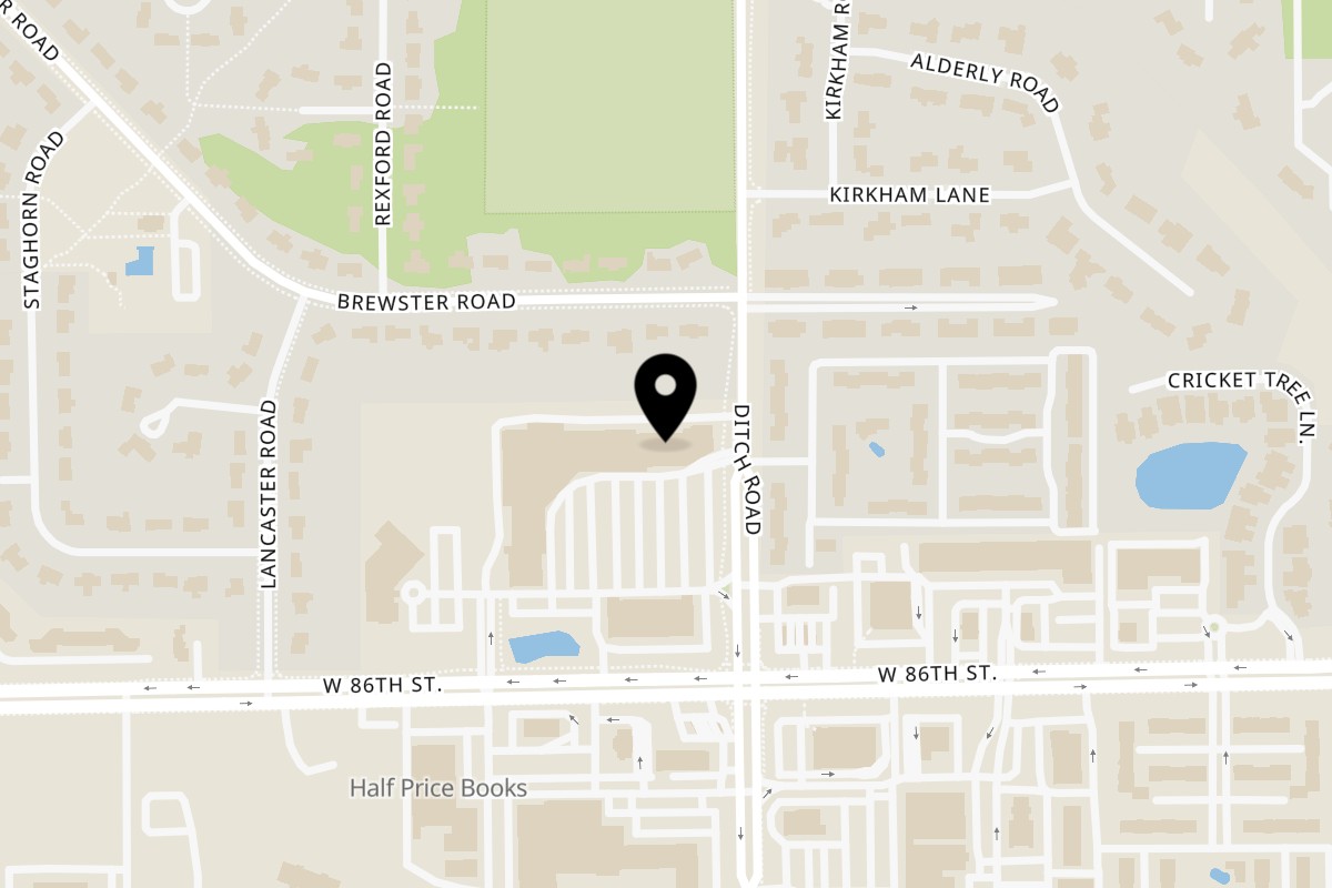 Map showing the location of Moon India Restaurant on 1450 W 86th St in Indianapolis